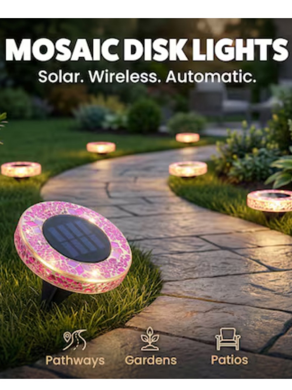 BELL + HOWELL 4 -Pack Mosaic Disk Lights 24 -Lumens Mosaic Fuchsia Solar LED - Picture 4 of 11